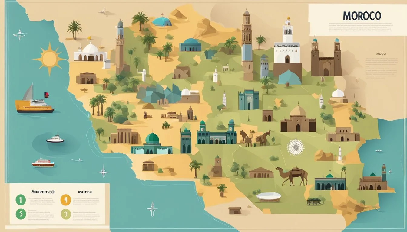 A map of Morocco with key landmarks, flags, and symbols representing its political structure and top 10 important things, such as mosques, markets, and historical sites