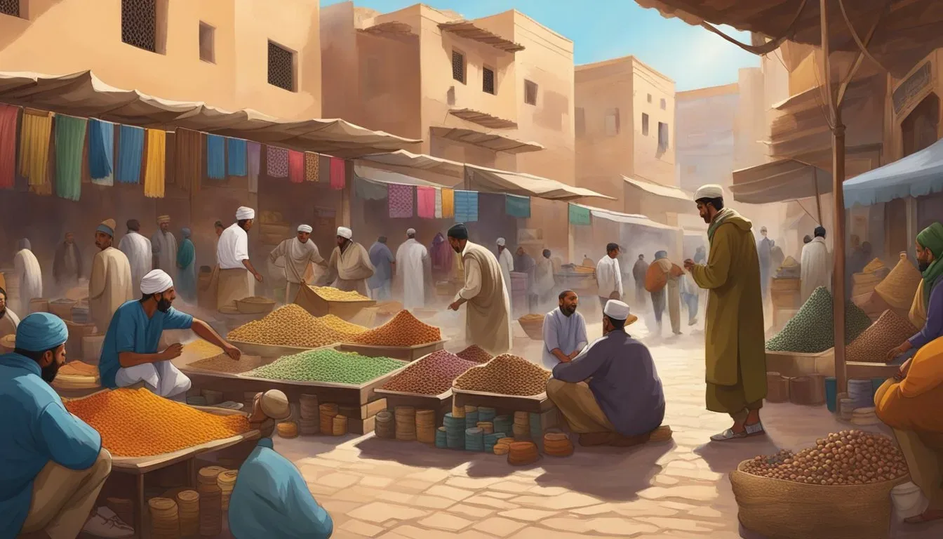 A bustling Moroccan marketplace with vendors selling colorful rugs, spices, and traditional crafts. A group of men playing a lively game of street soccer while others relax and smoke hookah in the background