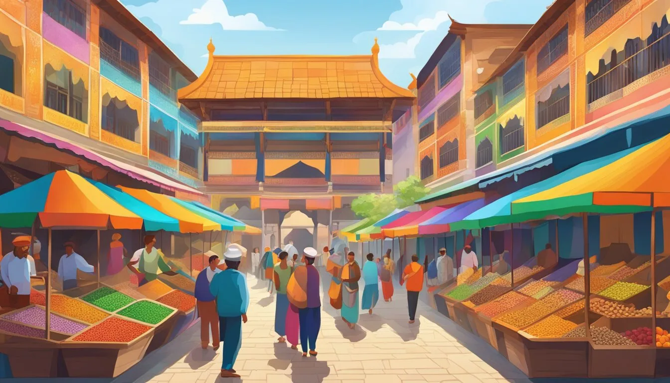 Vibrant market stalls, intricate mosaic architecture, colorful textiles, aromatic spices, and traditional music and dance