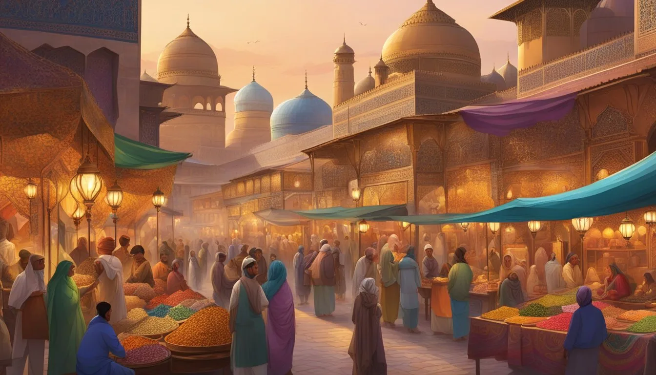 Colorful bazaars, intricate mosaic architecture, traditional music and dance, aromatic spices, vibrant textiles, ornate lanterns, bustling street food stalls, camel caravans, desert landscapes, and ornate palaces
